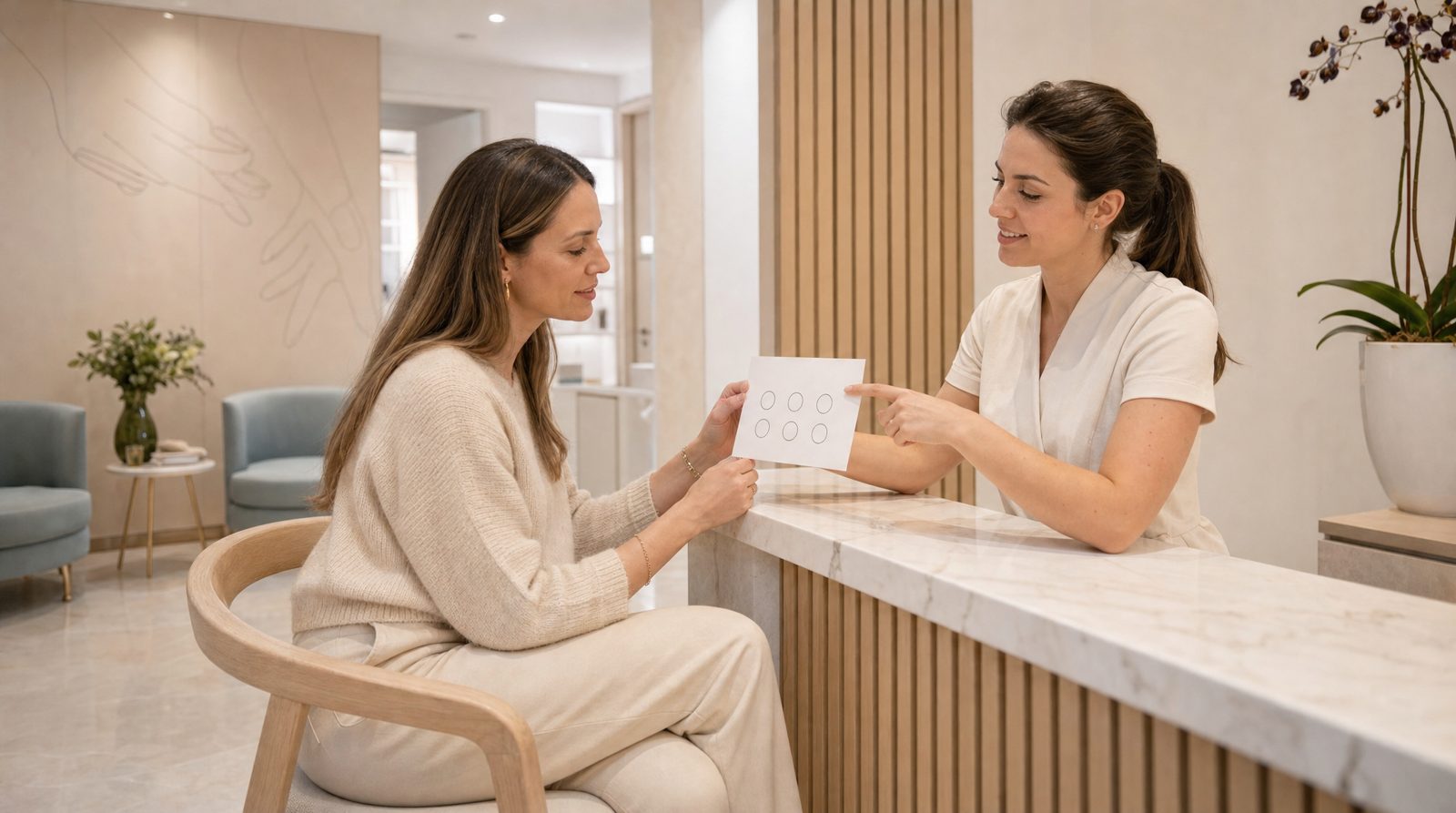 Paciente revisa con la recepcionista un calendario de seis sesiones de depilación láser en una clínica de medicina estética