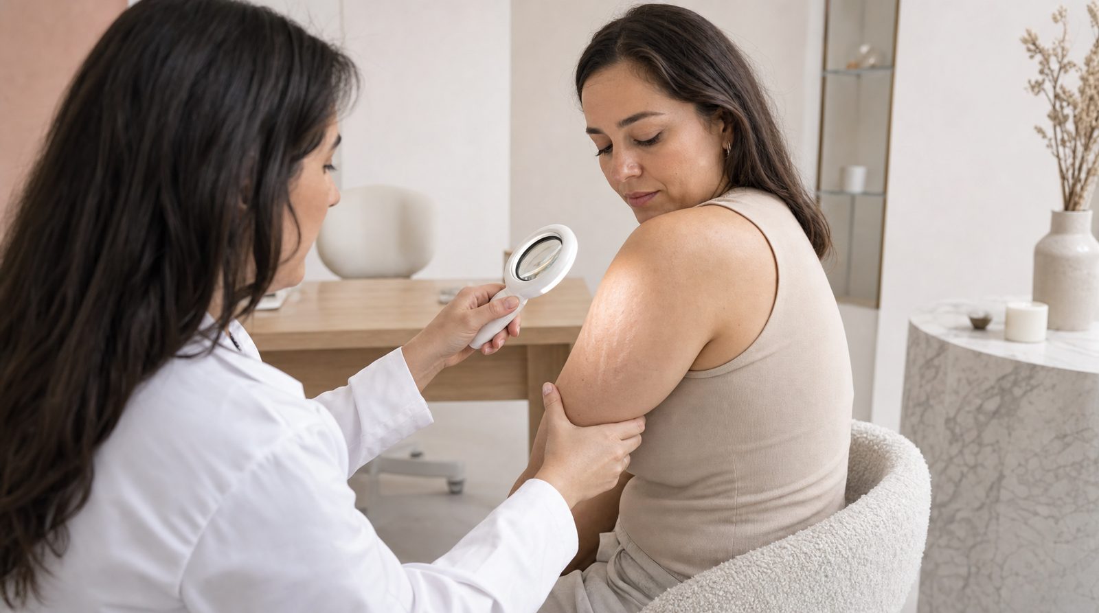 Médica examina con una lupa las estrías en el brazo de una paciente en el consultorio de una clínica de medicina estética
