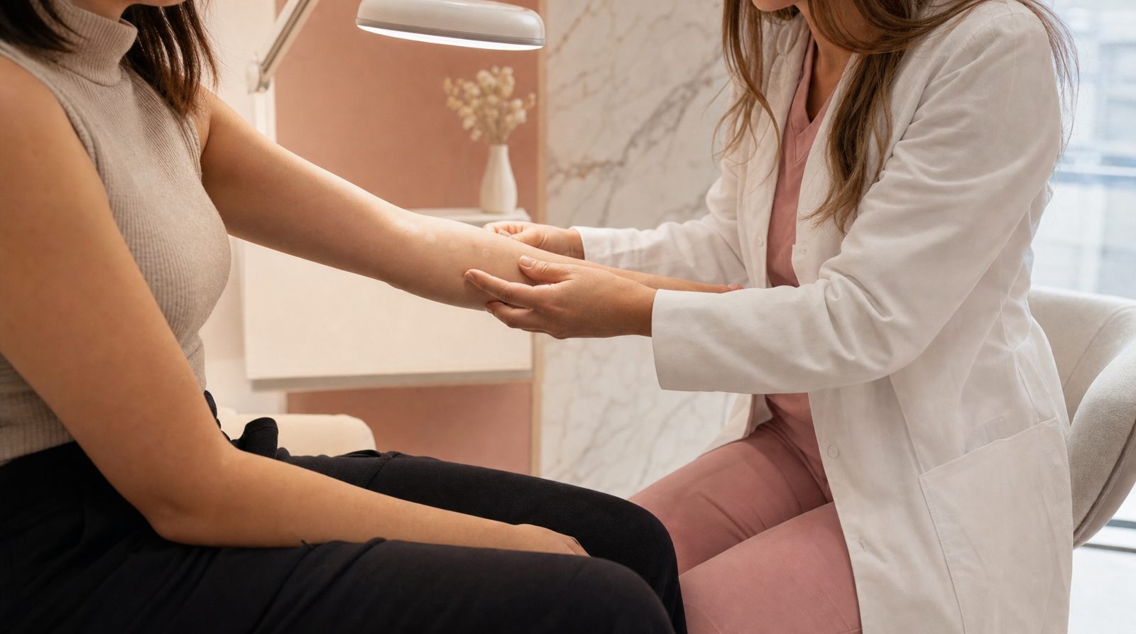 Médica revisa unas manchas claras en el antebrazo de una paciente en el consultorio de una clínica de medicina estética