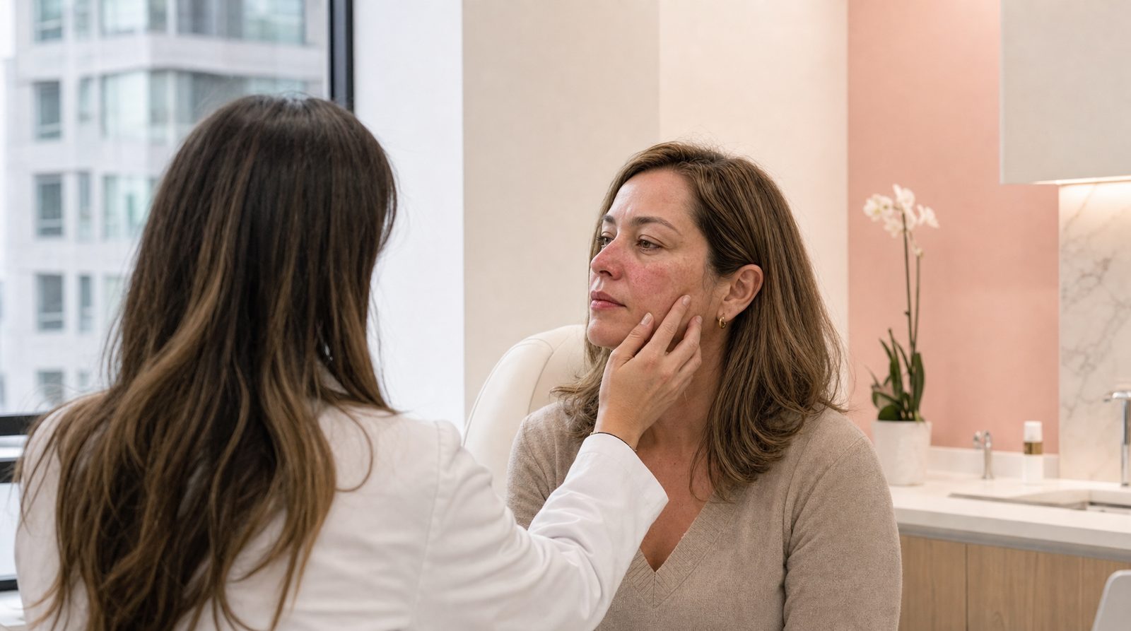 Médica revisa el enrojecimiento en la mejilla de una paciente con rosácea en el consultorio de una clínica de medicina estética
