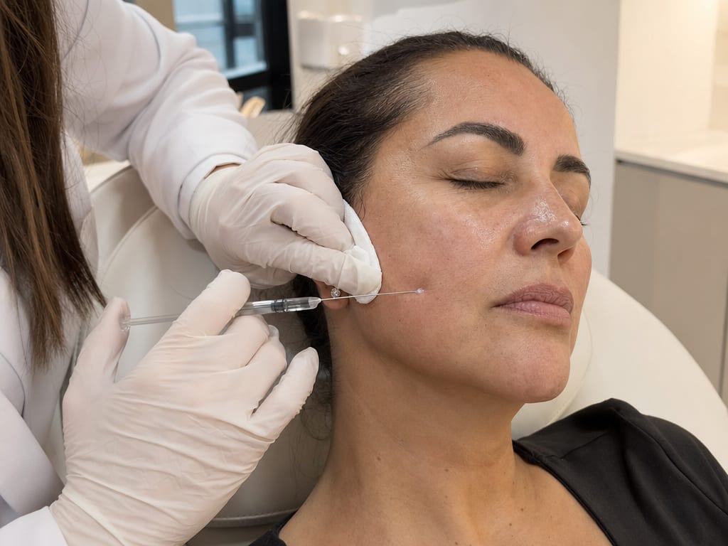 Hyaluronic acid filler being injected into the face with a fine needle