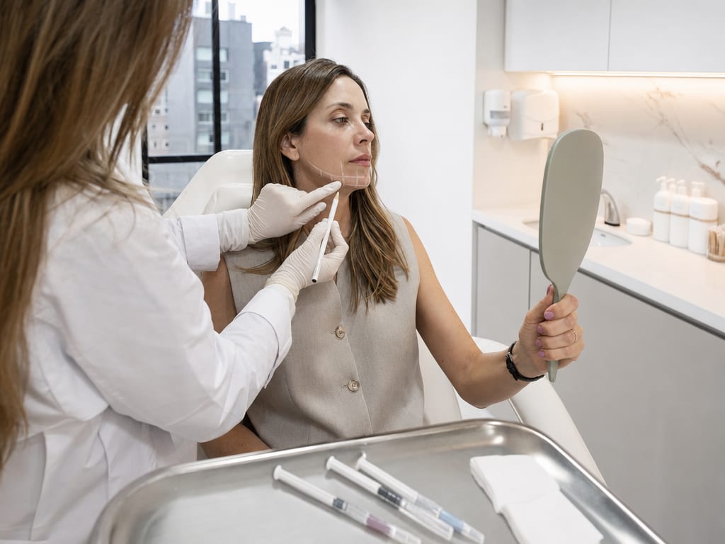 Médica aplicando ácido hialurónico con cánula en el pómulo de una paciente en iki Skin Experts, Usaquén