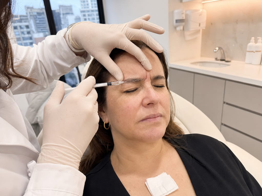 Botulinum toxin being injected into the forehead with a fine needle