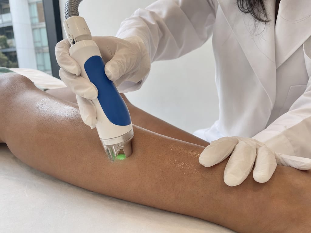Médica de iki aplicando depilación láser con Splendor X en la pierna de una paciente, en Usaquén, Bogotá