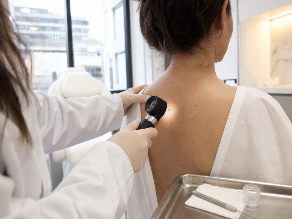 Médica del equipo de IKI Skin Experts atendiendo a una paciente en la sala de procedimientos, ambas con protección ocular