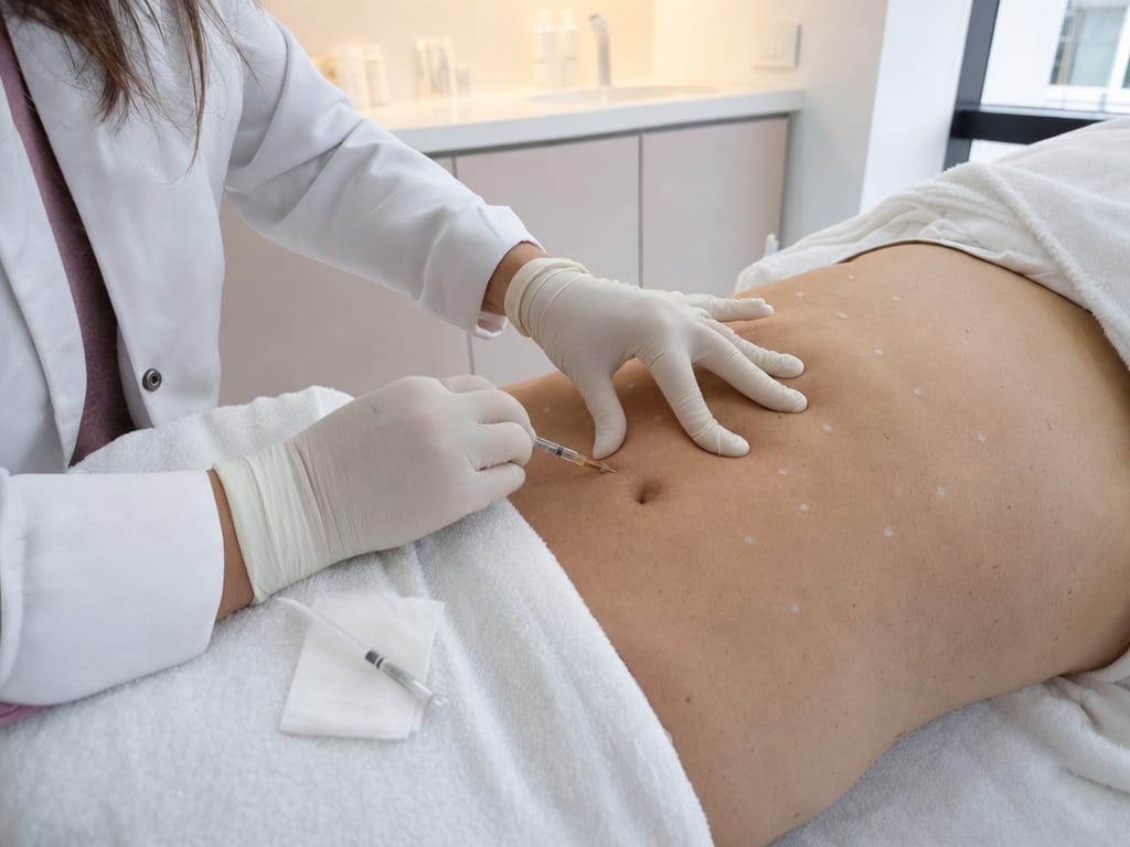 Médica de iki aplicando radiofrecuencia NuEra Tight en el abdomen de una paciente, complemento habitual de las enzimas, en Bogotá