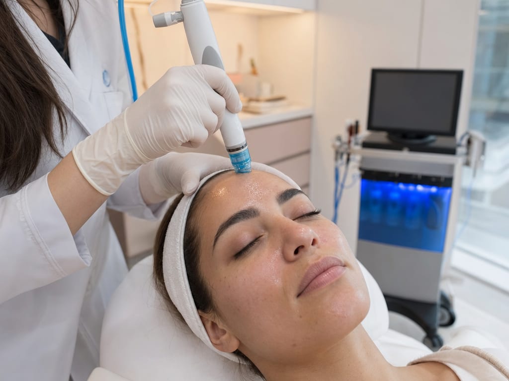 Pieza de mano del Hydrafacial sobre la frente de una paciente