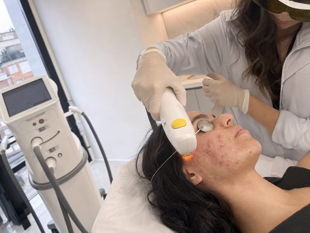 Patient receiving intense pulsed light on the face with eye protection