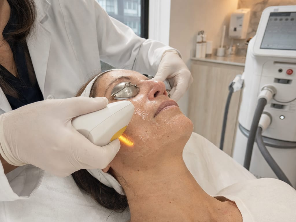 Aplicación de luz pulsada intensa del Stellar M22 en el rostro de una paciente con protección ocular en IKI Skin Experts