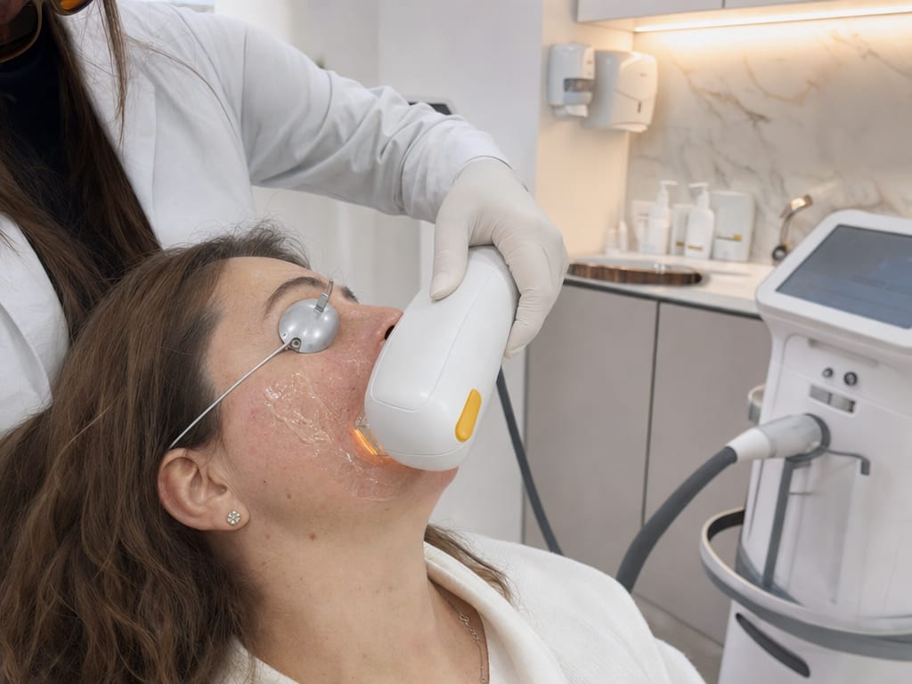 Médica aplicando la IPL del Stellar M22 en la mejilla de una paciente, ambas con protección ocular, en IKI Skin Experts
