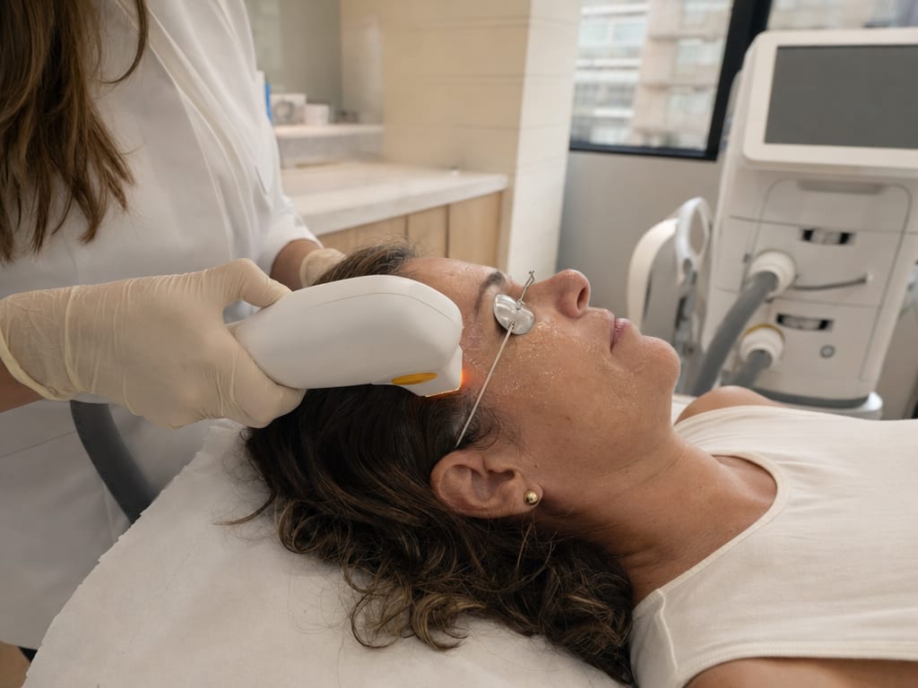 IPL from the Stellar M22 being applied to the face with eye protection