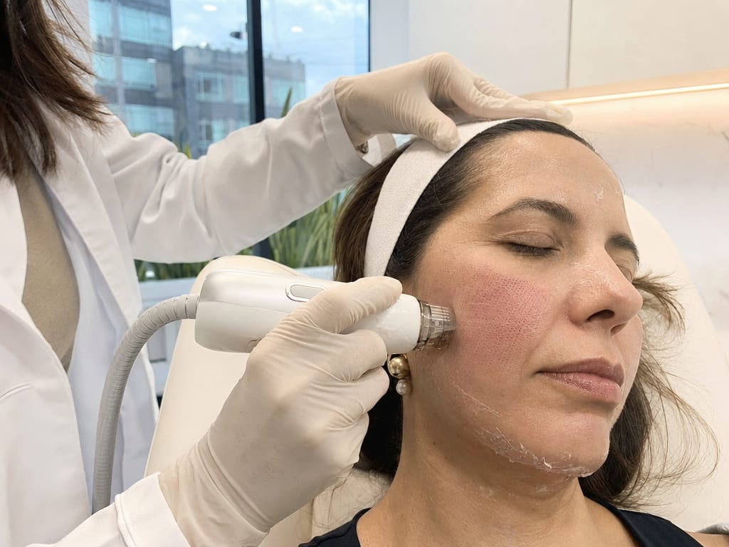 Pieza de mano de microagujas con radiofrecuencia sobre la mejilla