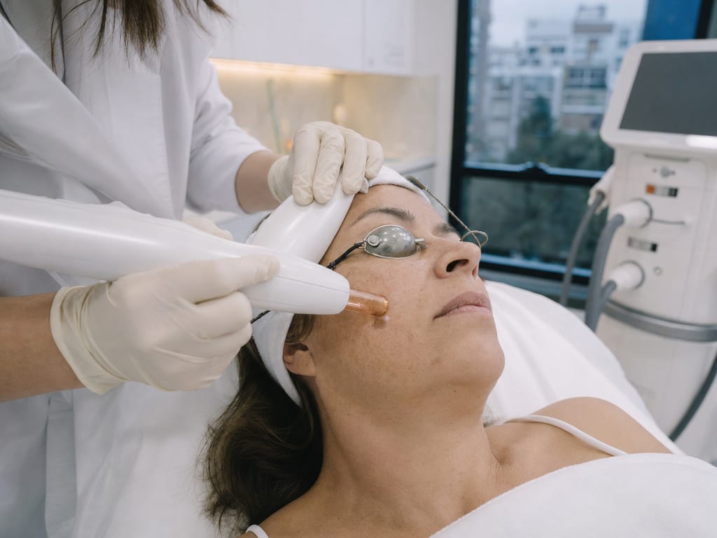 Sala de procedimientos láser de IKI Skin Experts junto al ventanal, en Usaquén