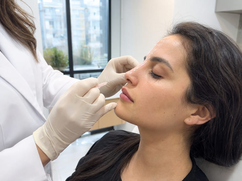 Médica marcando el rostro de una paciente antes de colocar hilos MINT en iki Skin Experts, Usaquén