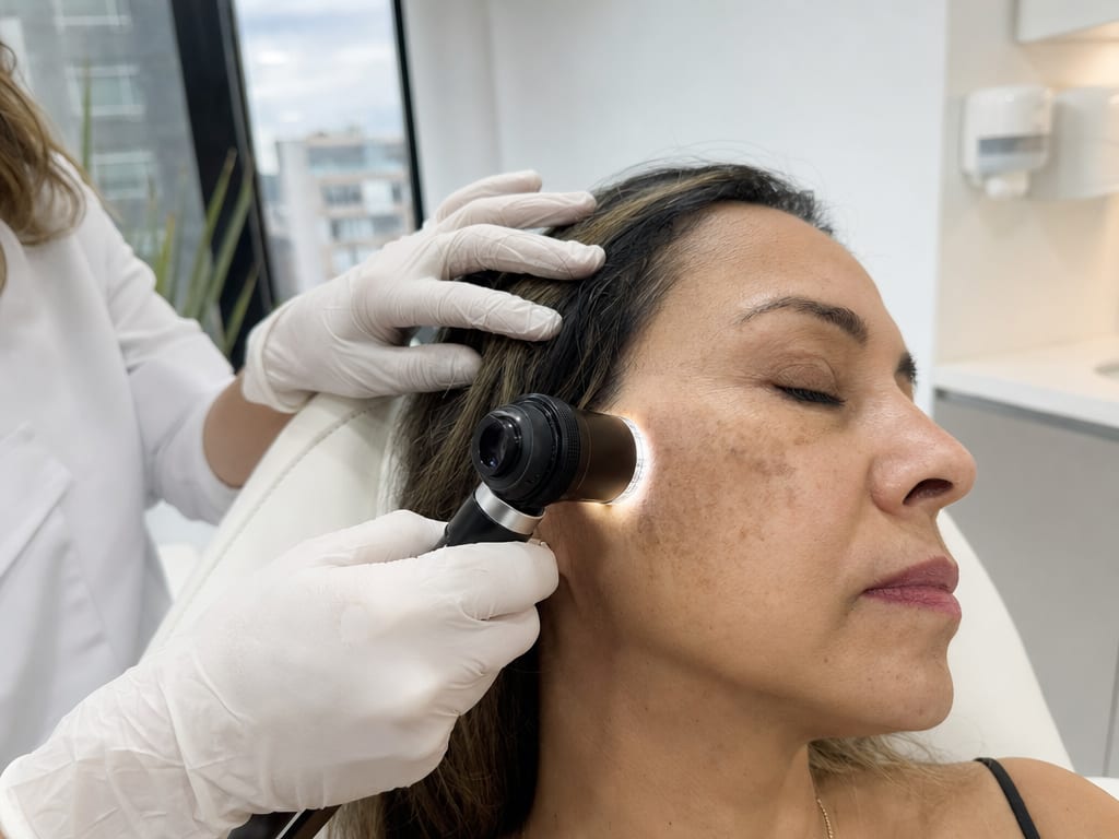 Médica de iki aplicando mesoterapia despigmentante en el pómulo de una paciente, en Usaquén, Bogotá
