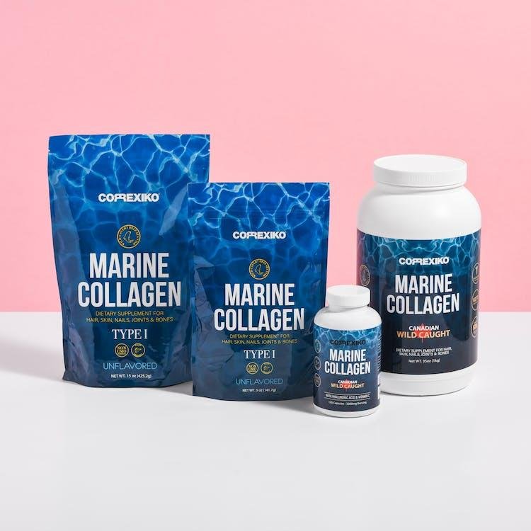 Containers of marine collagen supplements in powder and capsule form against a pink background