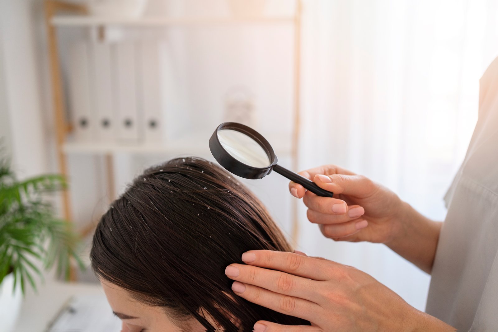 Close up woman with dandruff doctor · ¿Cuáles son las causas de la dermatitis seborreica?