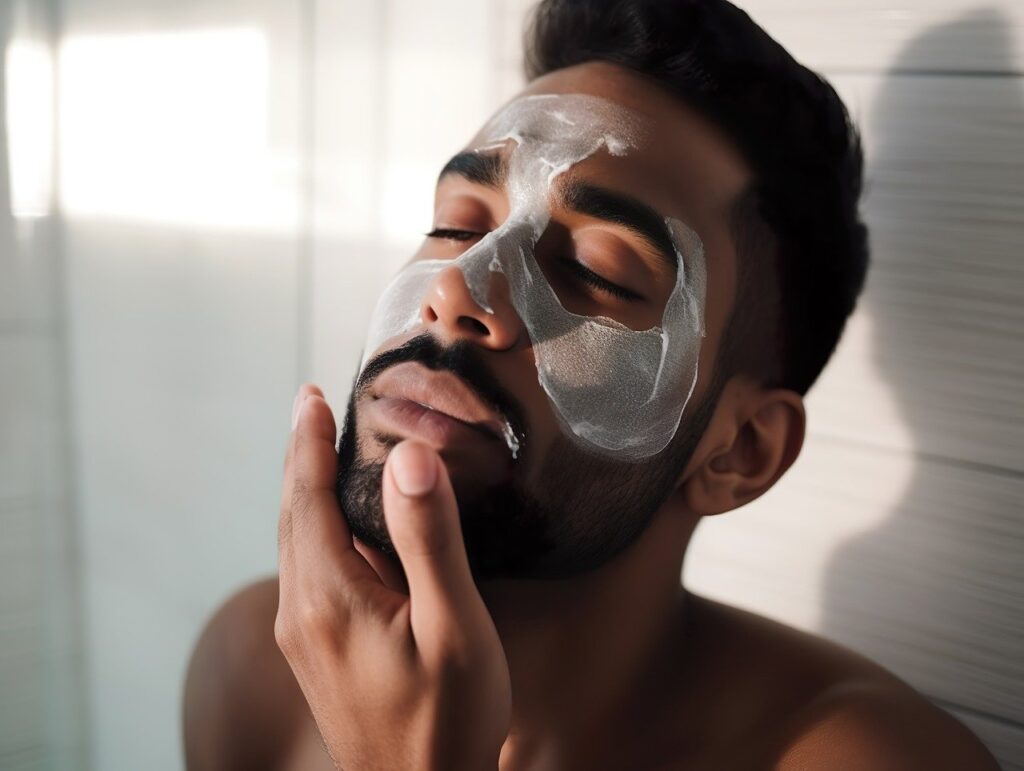 Hombre haciendo su rutina de skincare por la mañana